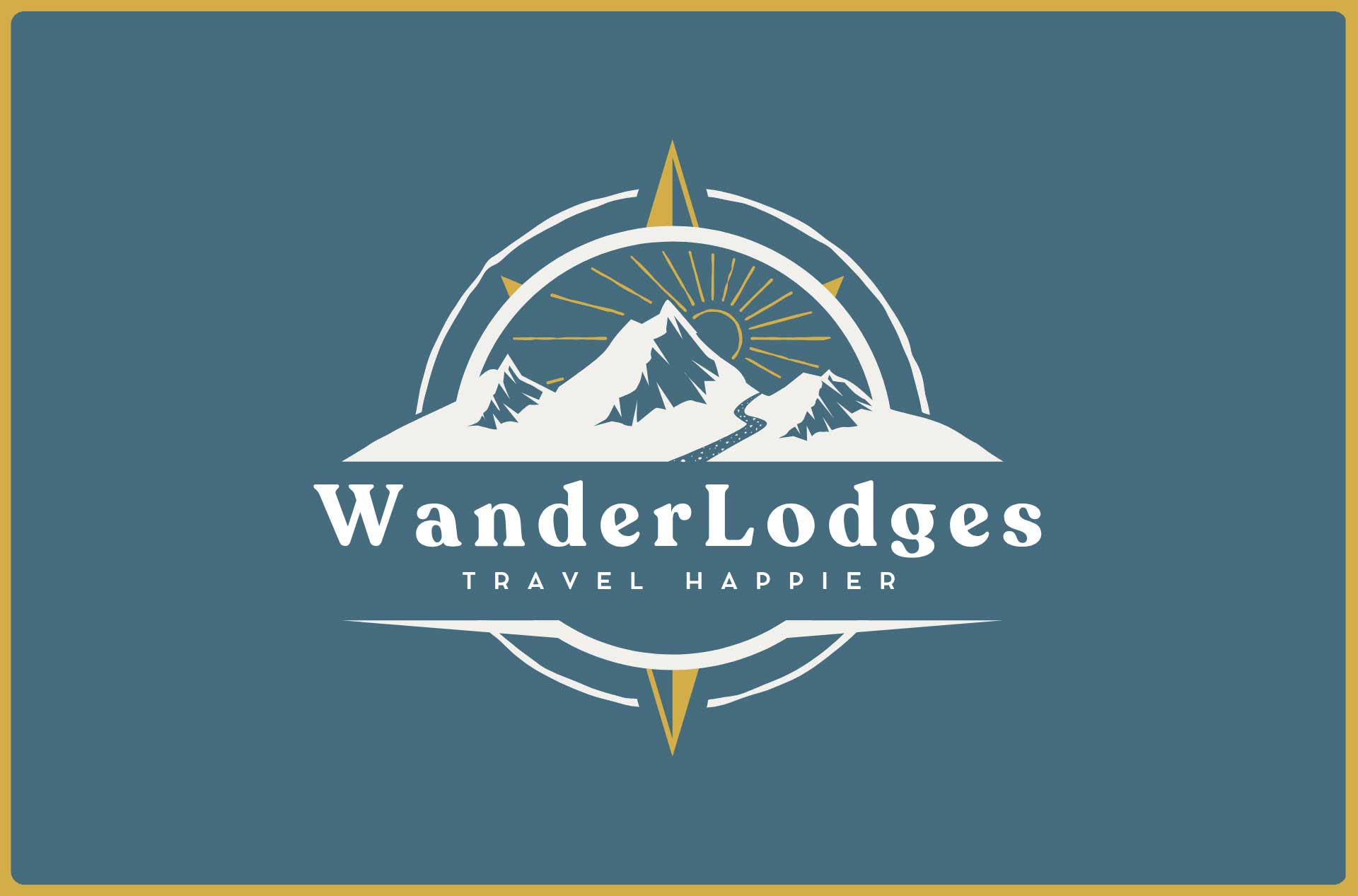 WanderLodges logo with white mountain peaks, a gold sun, and a compass design on a teal background. The text reads "WanderLodges" and "TRAVEL HAPPIER."