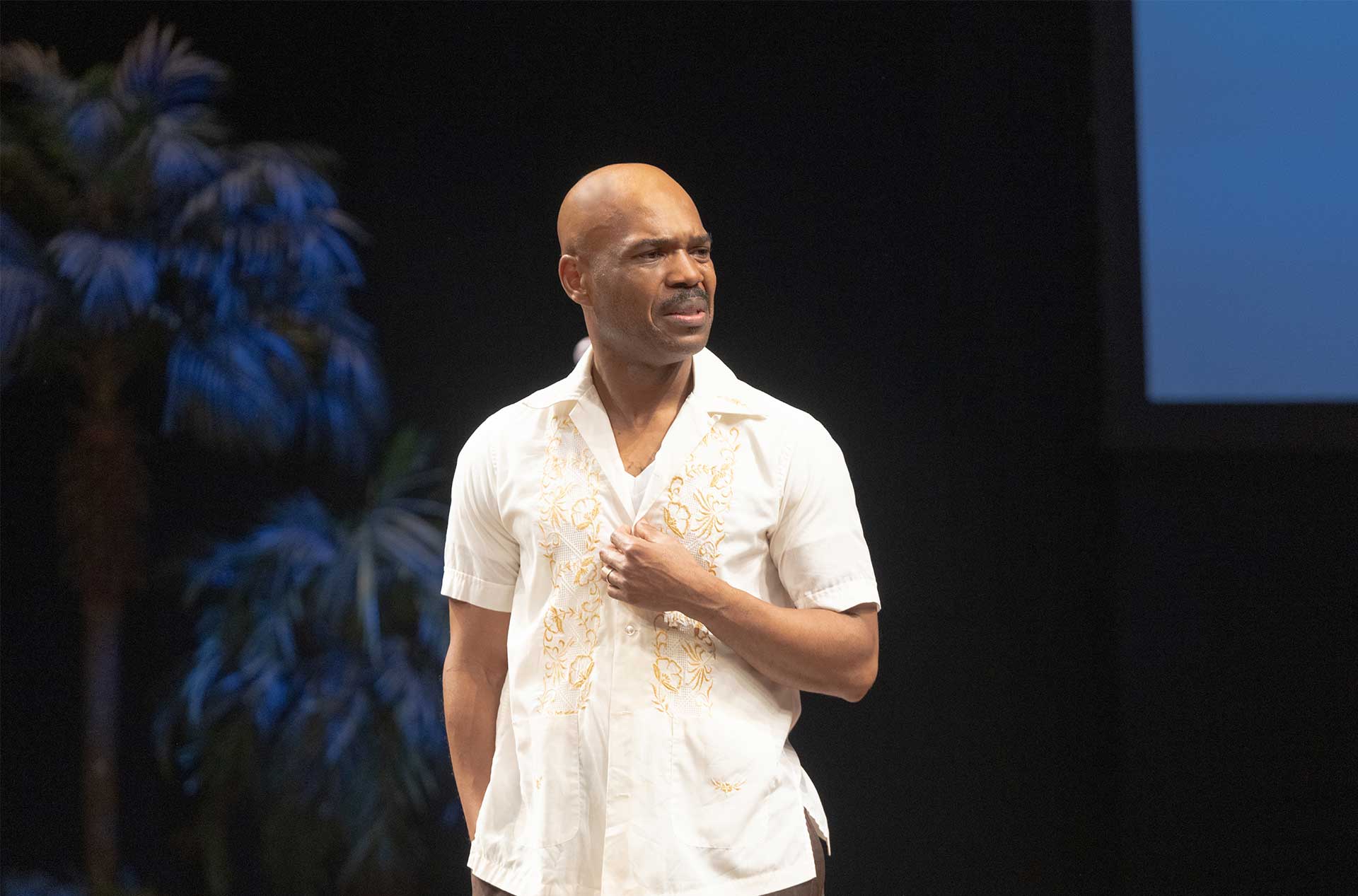 A person standing frowning looking into the distance.