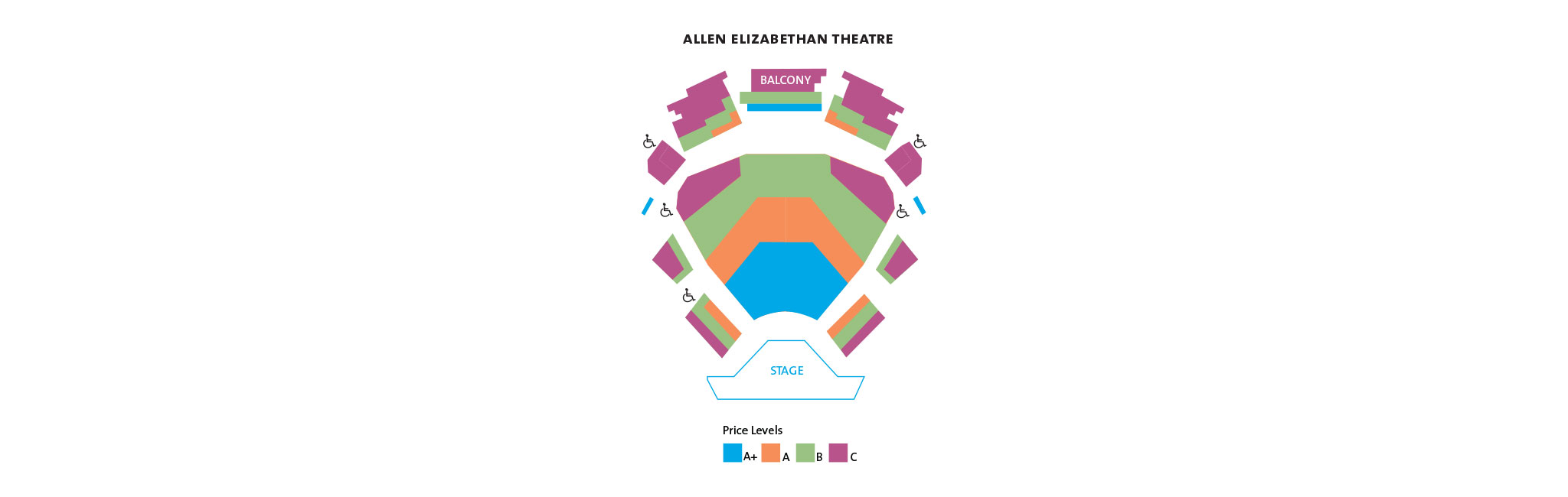 A colorful zone map for the Allen Elizabethan Theatre.