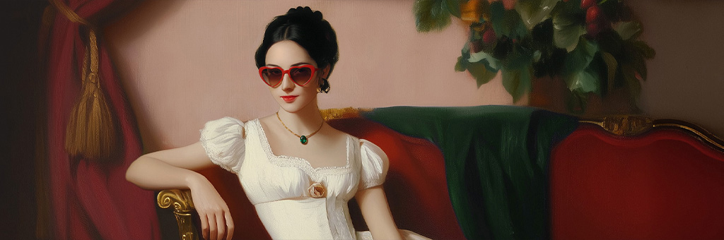 A person in a white regency-style dress lounges on a red velvet couch, wearing red heart-shaped sunglasses and a green pendant necklace.
