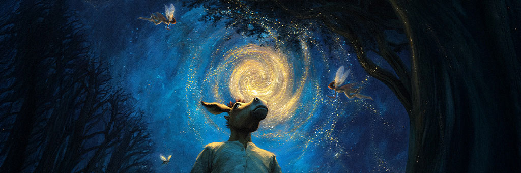 A human-like figure with a donkey head looks up at a glowing spiral in a starlit forest, while glowing fairies float nearby.