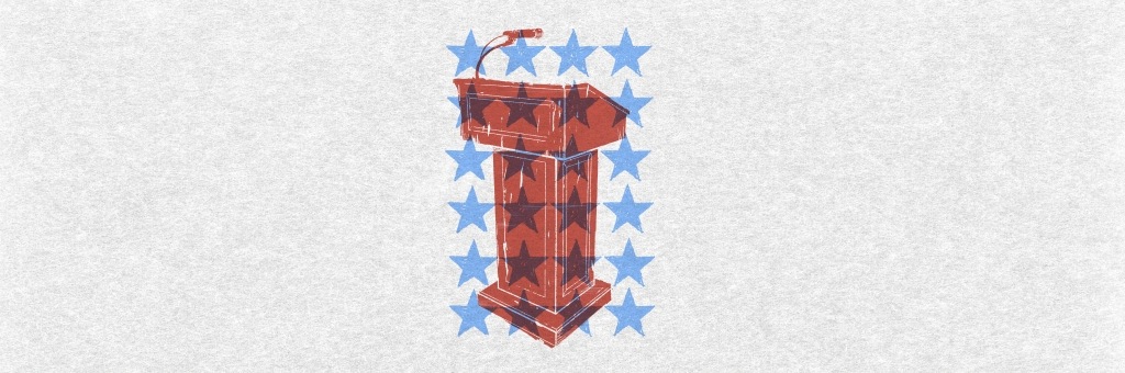 Red and blue stylized podium surrounded by stars.
