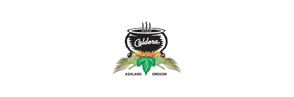 Caldera's logo with a black caldren sitting on flames and hop leaves.