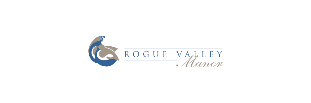 Rogue Valley Manor logo in blue and taupe.
