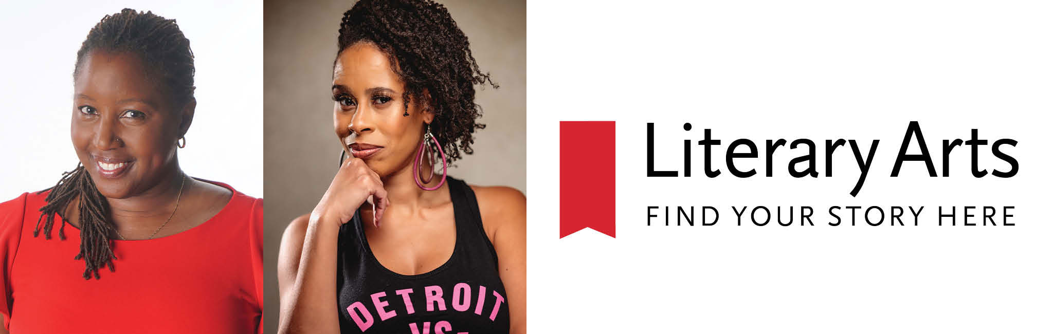 Headshots Nataki Garrett and Dominque Morisseau with the Literary Arts logo