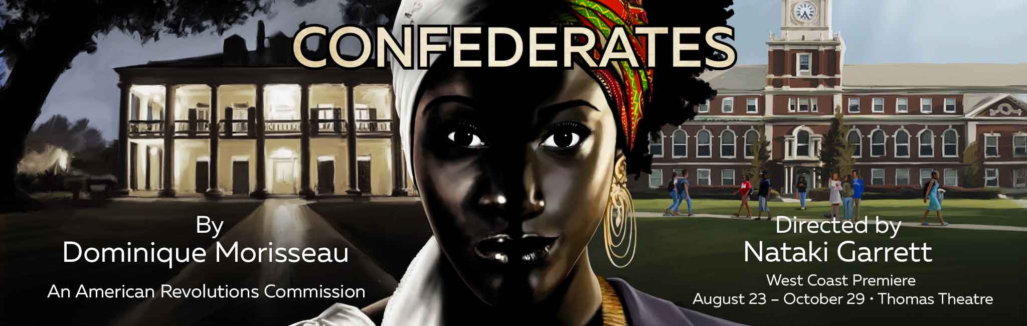  Computer graphic of mansions in the background and a womans face in the foreground.