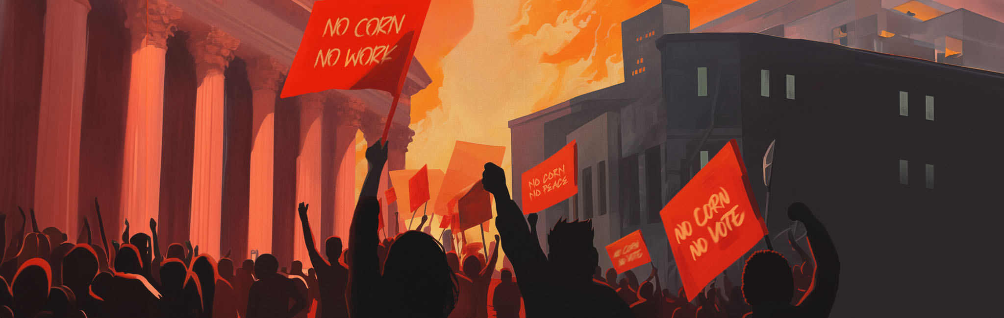 In the background buildings on fire, in the foreground people protesting. 