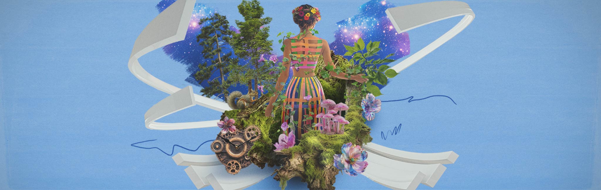 A dreamy scene featuring a figure dressed in a woven, nature-inspired outfit surrounded by trees, flowers, and cosmic elements. The setting blends nature and machinery with vibrant mushrooms and gears.