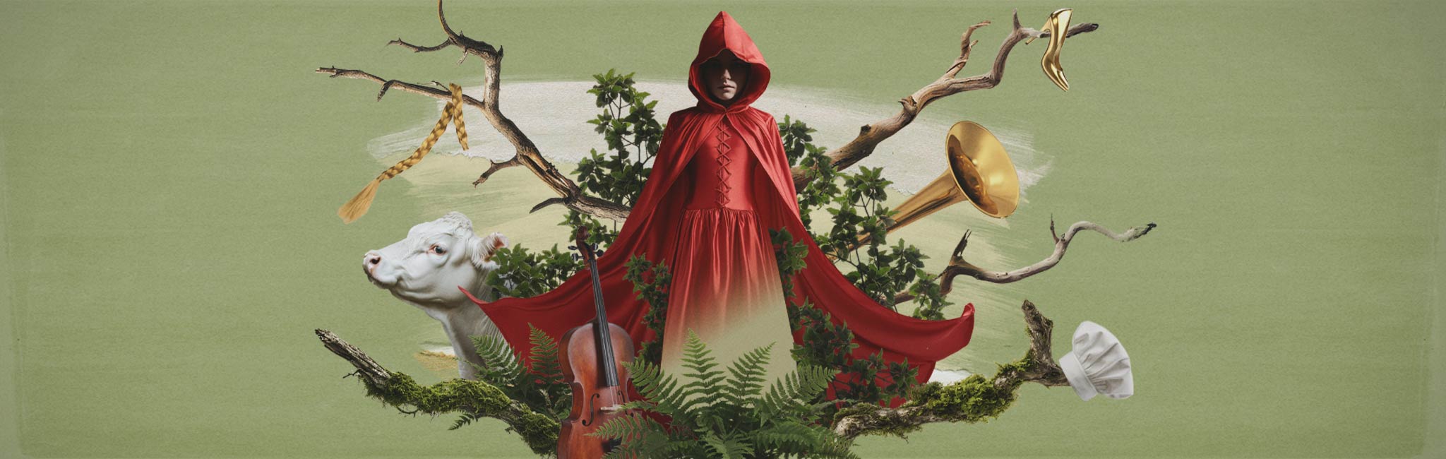 A figure in a red hooded cloak stands amidst a forest scene with a violin and natural elements. A cow’s head, tree branches, and brass instruments add a magical and rustic vibe.