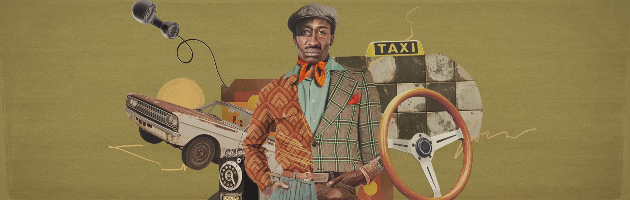 A vintage-inspired collage featuring a person in a plaid suit, an old telephone, a taxi sign, and a retro car. The warm, earthy tones and vintage objects suggest themes of transportation and nostalgia.