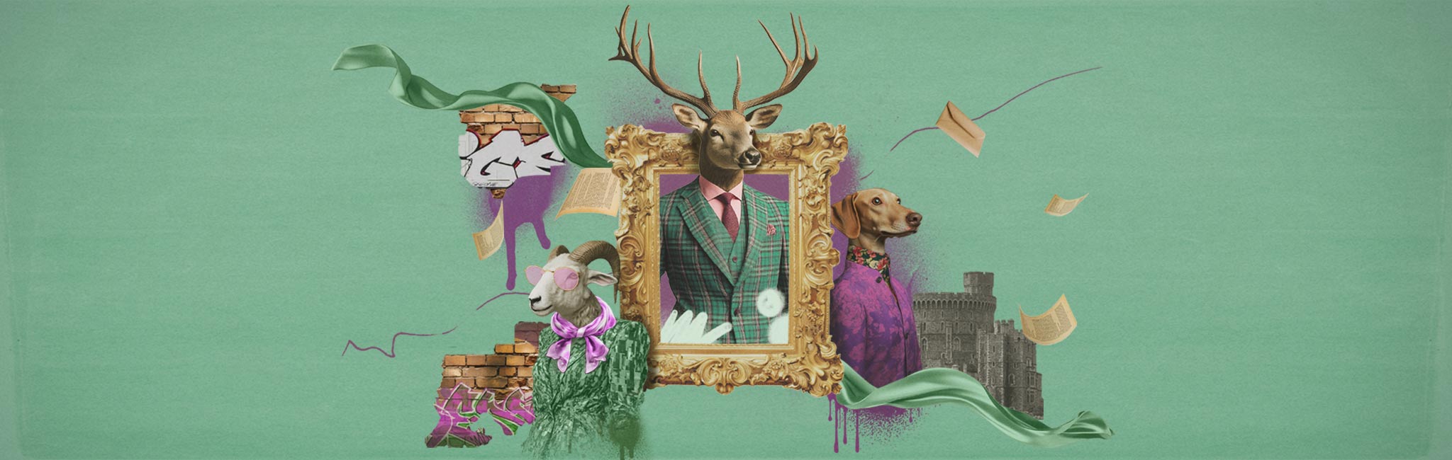 A surreal collage featuring a deer in a suit framed in a golden ornate frame, a dog in a purple coat, a sheep wearing sunglasses, and a medieval castle backdrop. Scattered pages and graffiti details add an urban, whimsical touch.