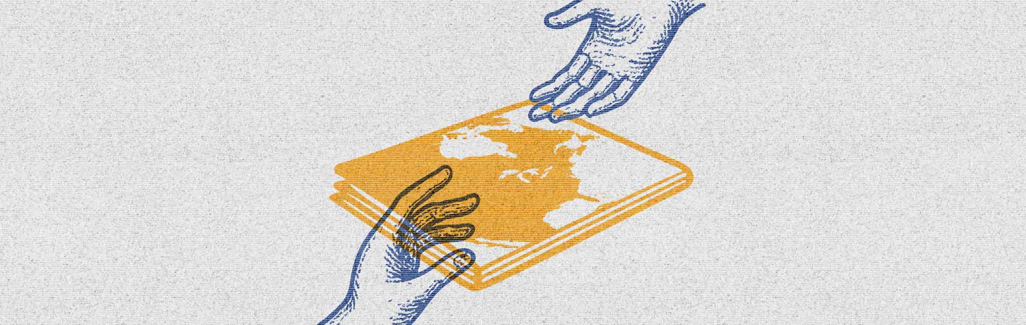 Two hands reaching for a newspaper with a world map on it, colored in orange and blue.