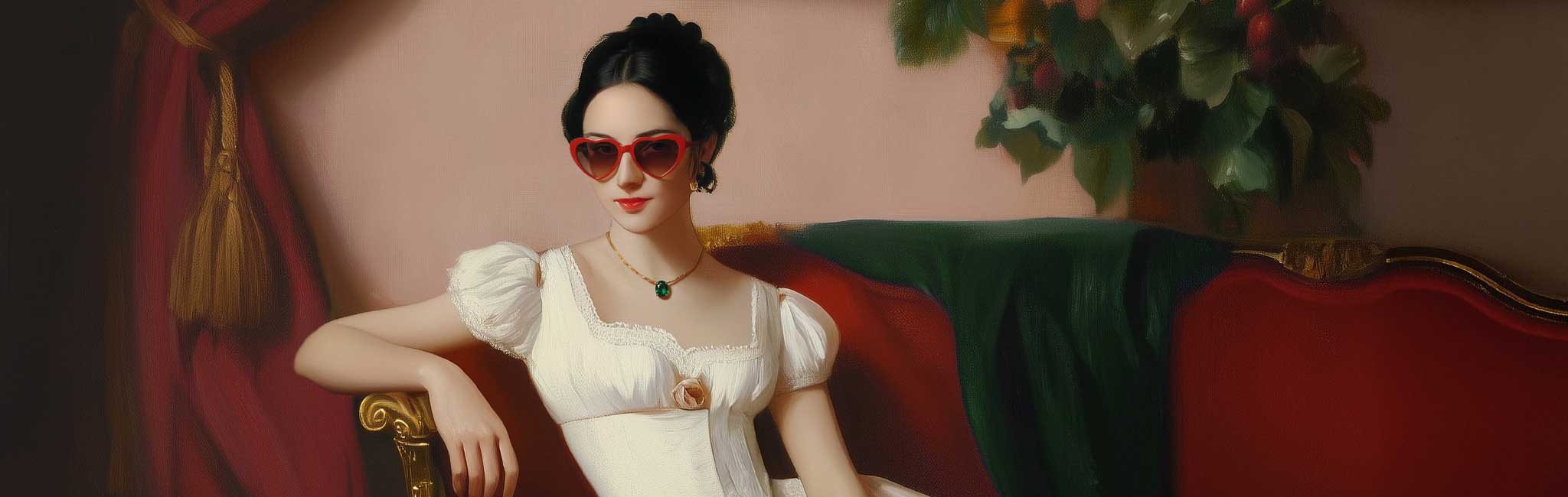 A person in a white regency-style dress lounges on a red velvet couch, wearing red heart-shaped sunglasses and a green pendant necklace.