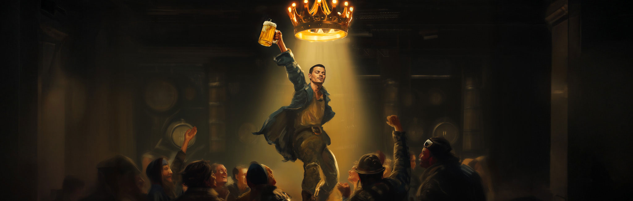 An individual stands on a table holding up a frothy beer mug toward a crown-shaped chandelier, surrounded by a cheering crowd in a dim room.