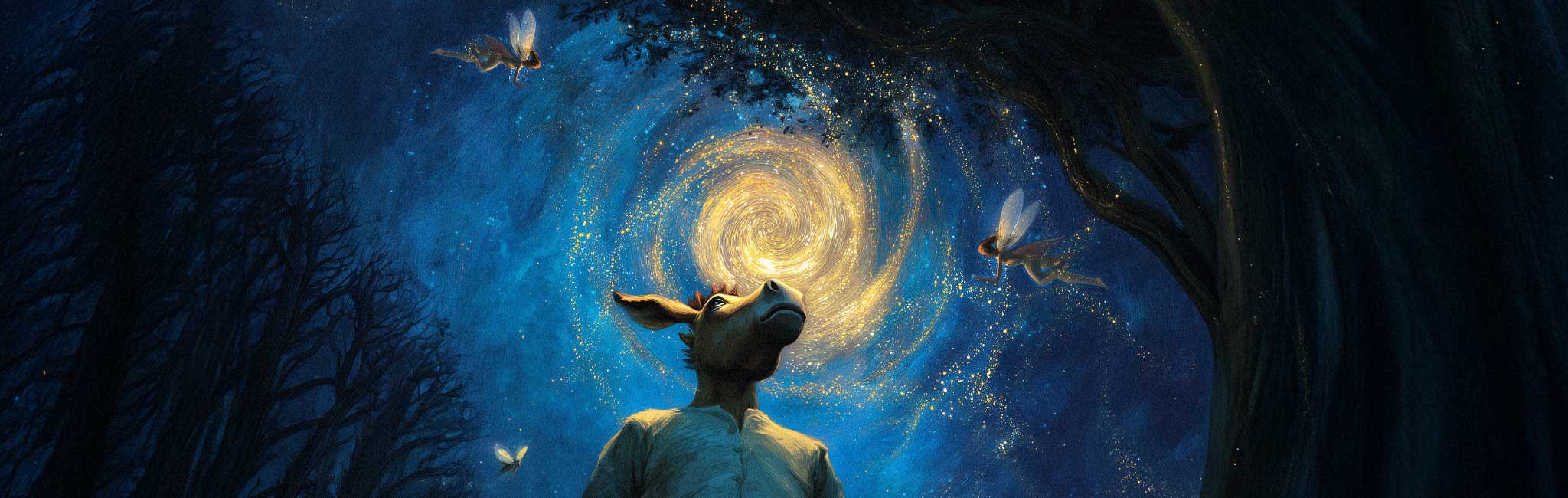 A human-like figure with a donkey head looks up at a glowing spiral in a starlit forest, while glowing fairies float nearby.
