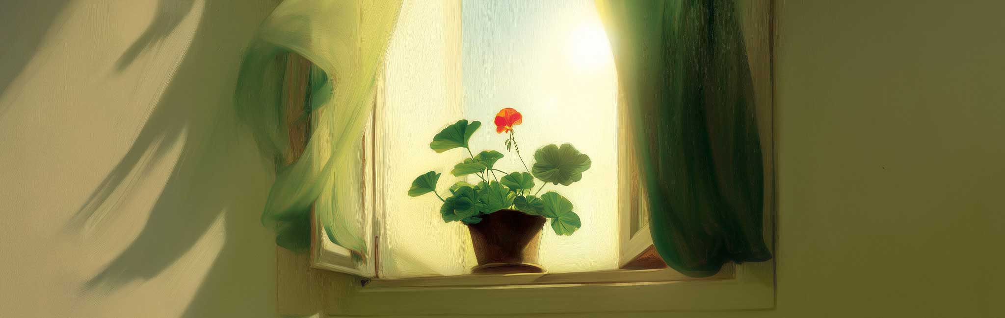 A single red flower blooms in a small pot on a windowsill, bathed in soft sunlight through an open window with flowing green curtains.