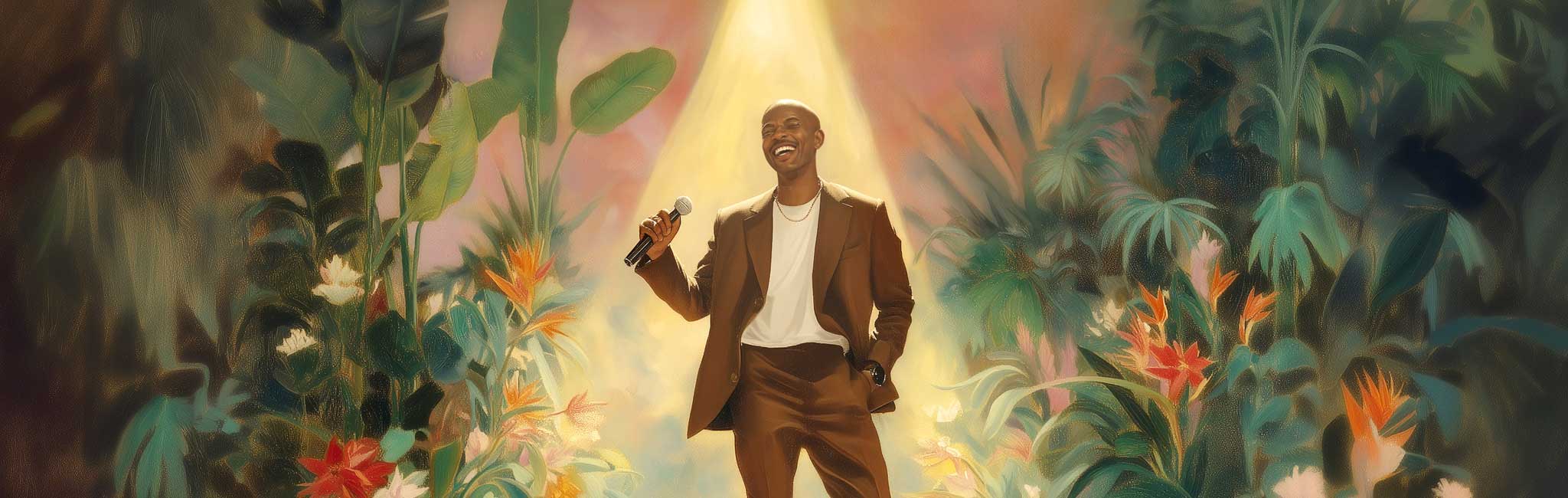 A person in a brown suit smiles while singing into a microphone under a warm spotlight, surrounded by tropical plants and bright flowers.