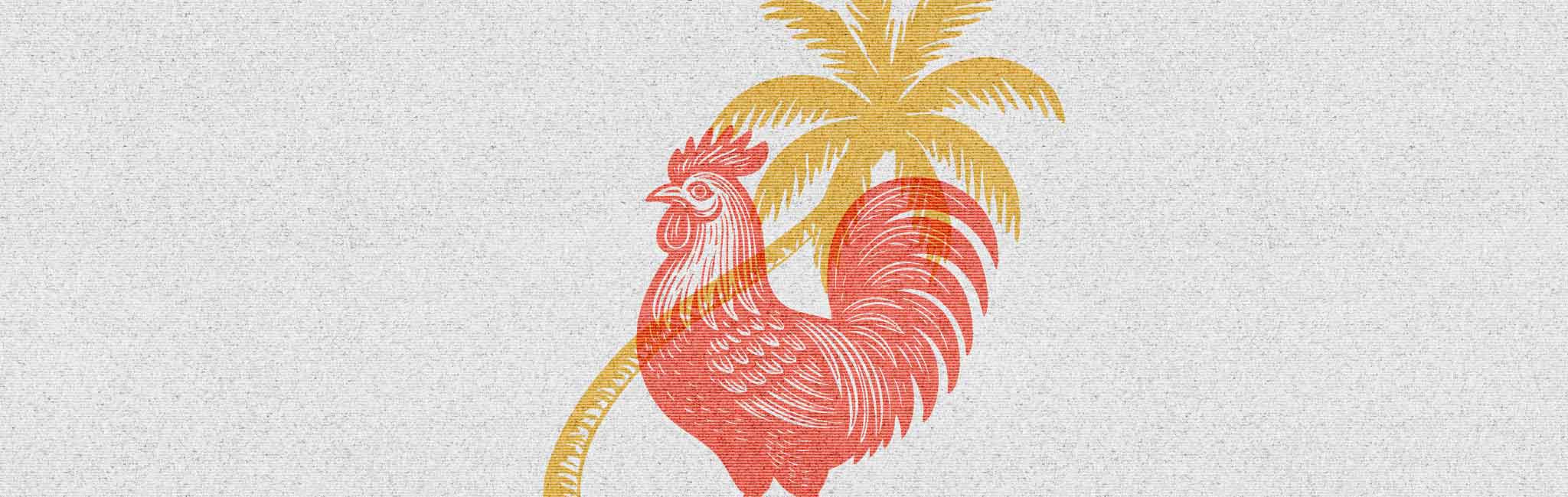 A red rooster standing in front of a golden palm tree.