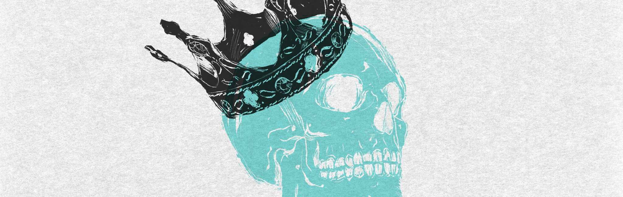 Blue skull wearing a black crown.