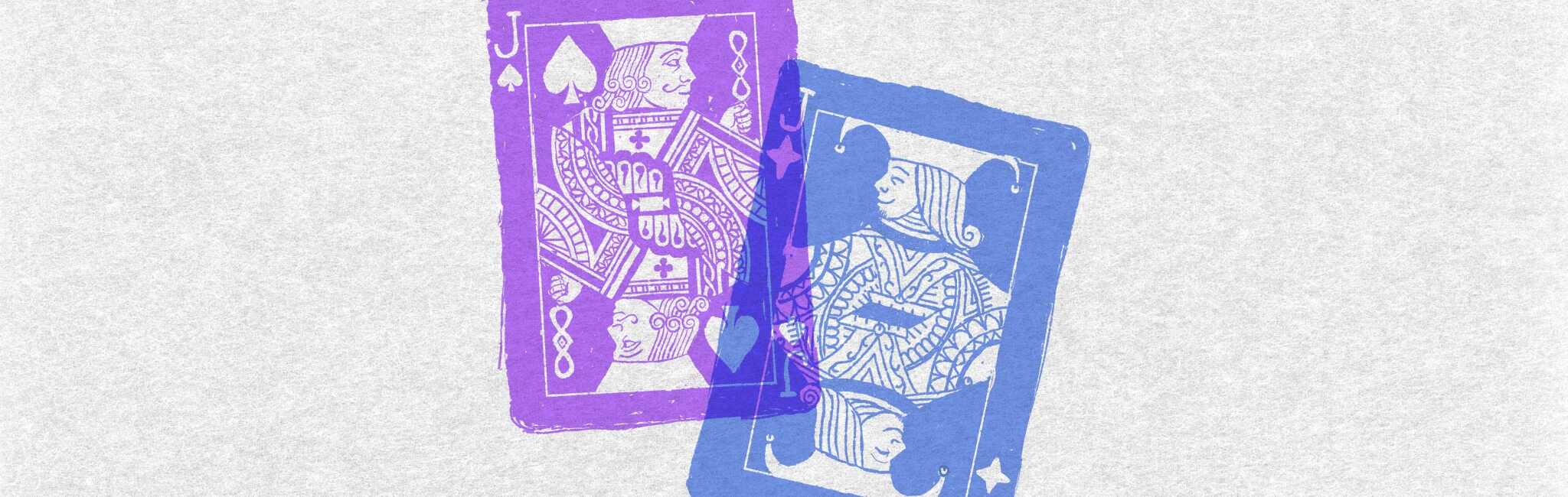 Two overlapping playing cards in purple and blue tones.