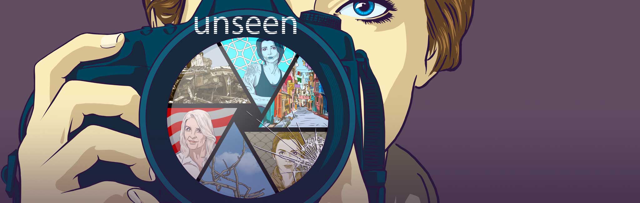 Computer graphic close up of a woman's face holding a camera.