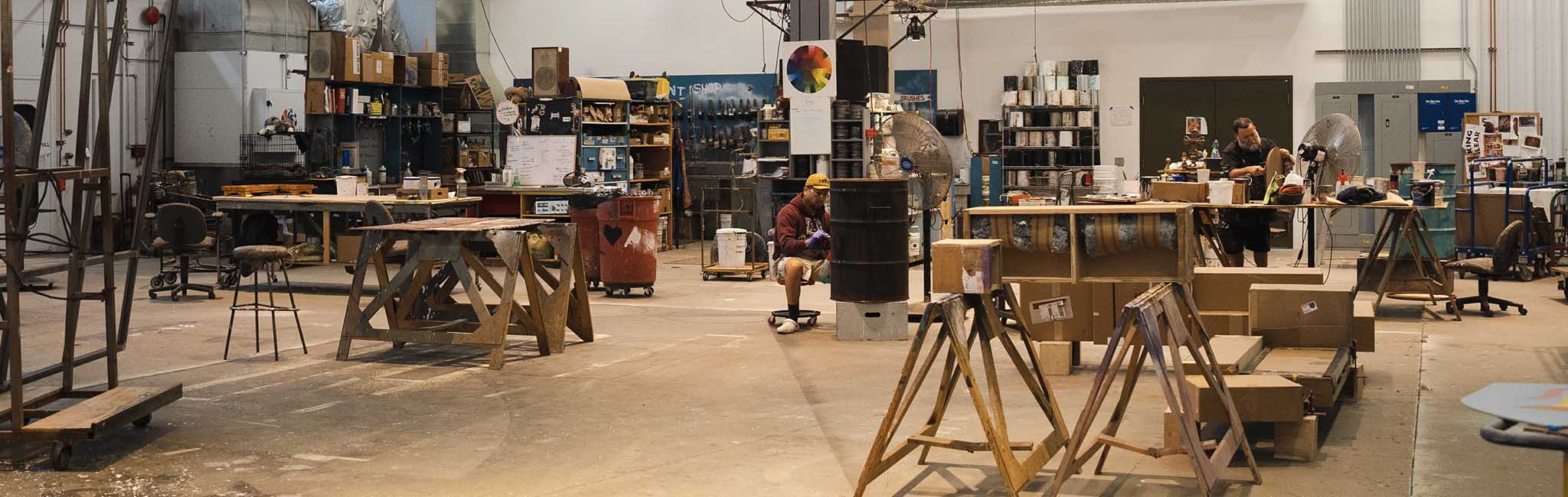 The Scene shop inclding tables and saw horses.