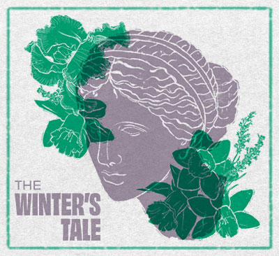 Poster-style illustration for “The Winter’s Tale” featuring a classical female profile overlaid with green flowers and leaves in muted green and lavender tones.
