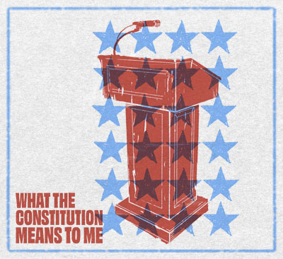 Red and blue stylized podium surrounded by stars with the text “What the Constitution Means to Me.”
