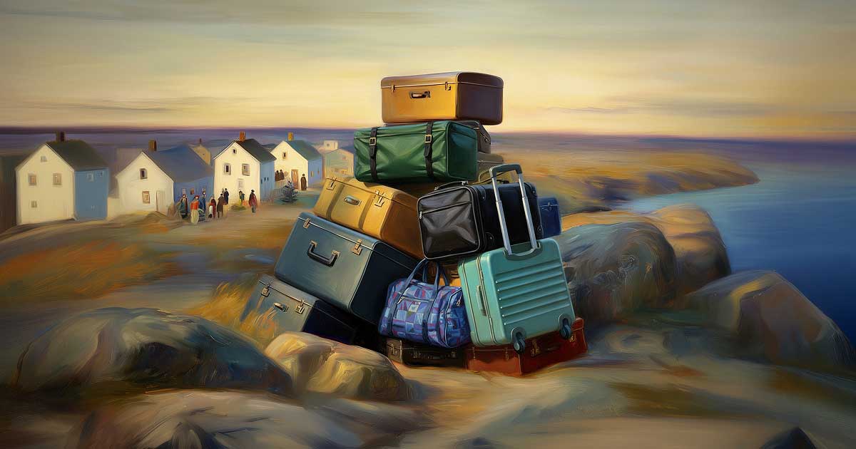 A tall pile of colorful suitcases sits on rocky ground near a calm sea, with a village of white cottages and gathered figures in the background.