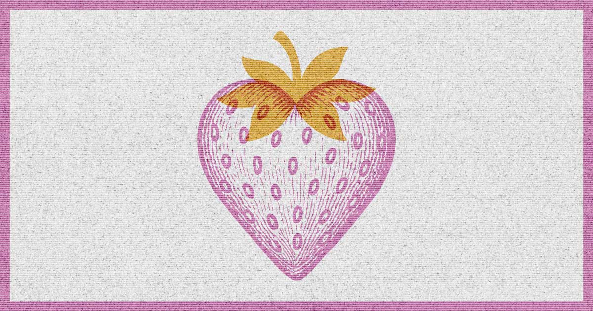 A pink strawberry with a golden leafy top, stylized in a woodcut design.