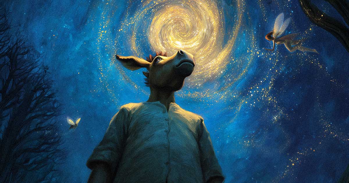 A human-like figure with a donkey head looks up at a glowing spiral in a starlit forest, while glowing fairies float nearby.