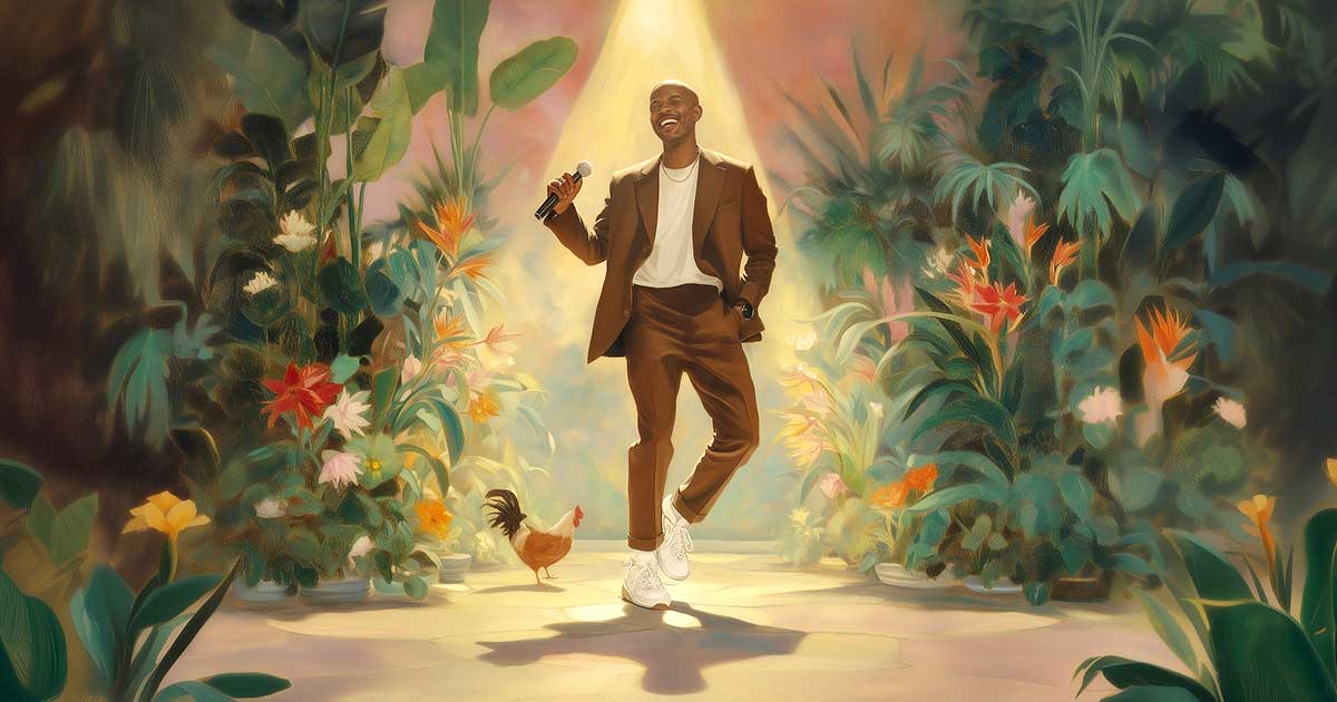 A person in a brown suit smiles while singing into a microphone under a warm spotlight, surrounded by tropical plants and bright flowers.