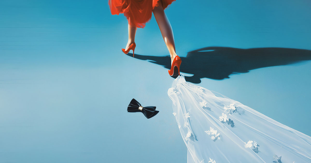 An individual wearing red high heels walks across a blue surface, trailing a white bridal veil with a black bow tie left behind on the ground.