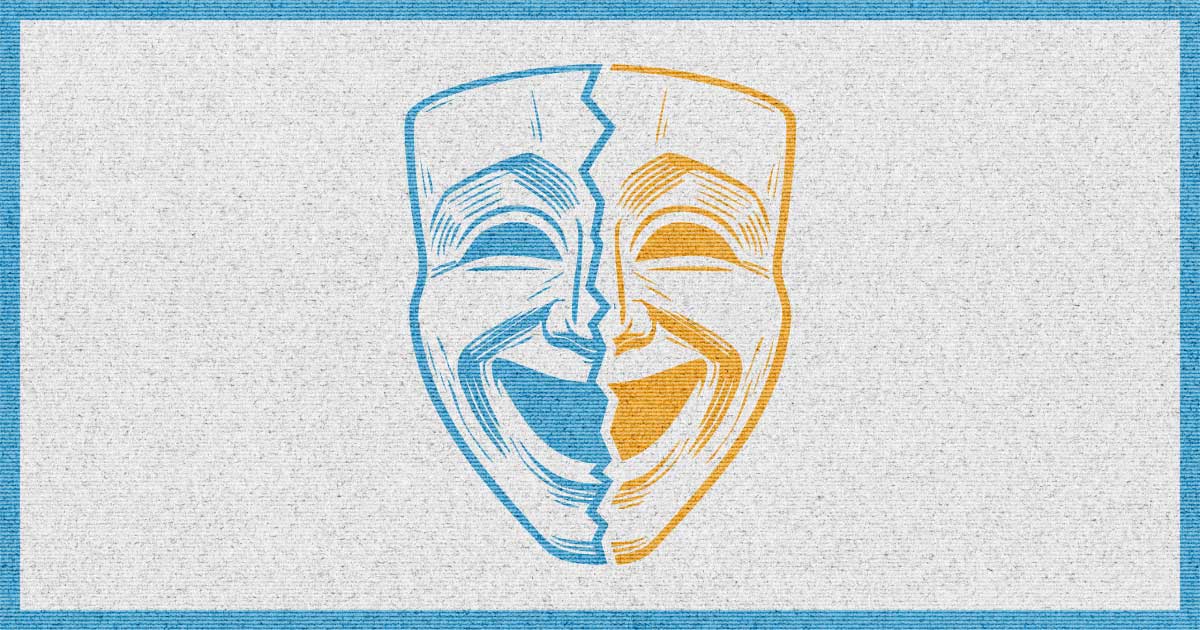 A cracked theatrical comedy mask split into blue and yellow halves, both sides smiling.