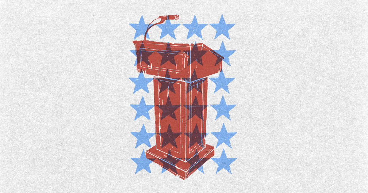 Red and blue stylized podium surrounded by stars.
