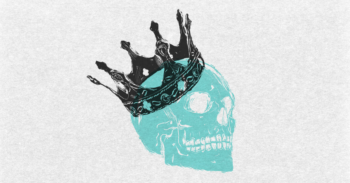 Blue skull wearing a black crown.