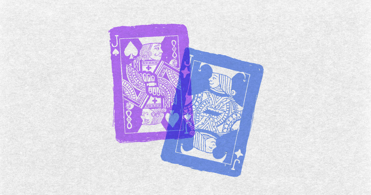 Two overlapping playing cards in purple and blue tones.