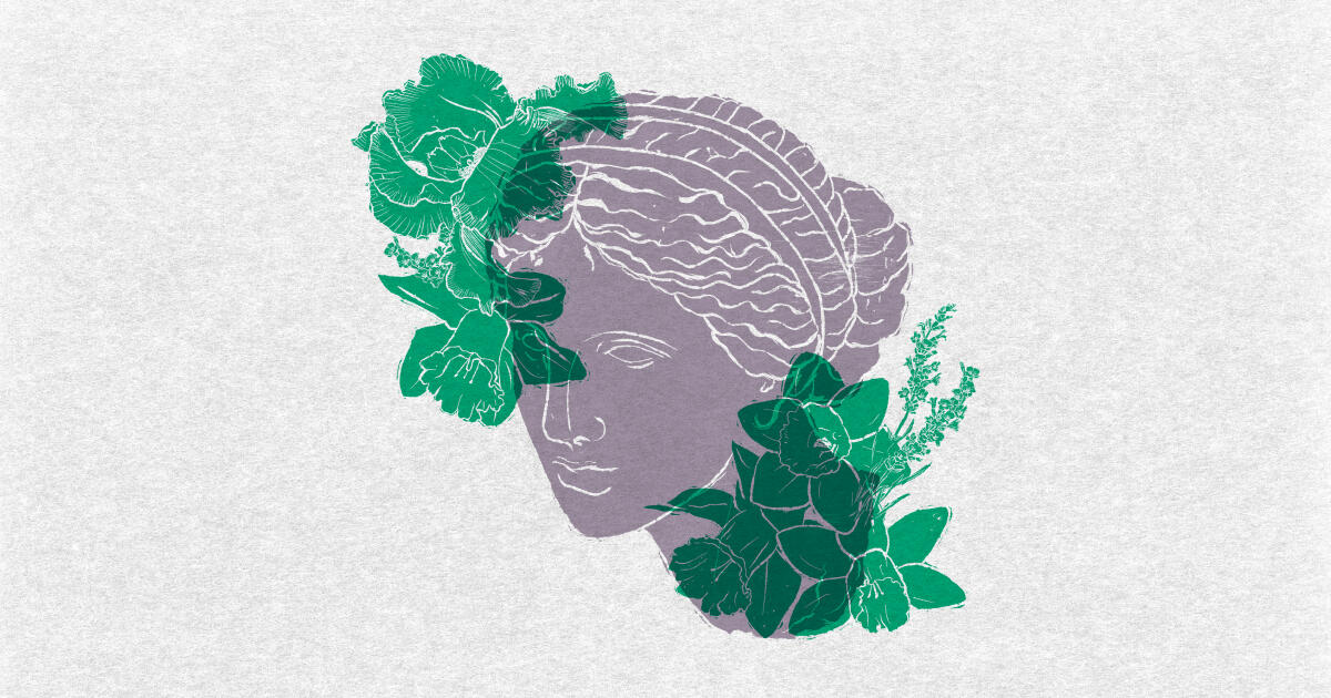 Poster-style illustration featuring a classical female profile overlaid with green flowers and leaves in muted green and lavender tones.