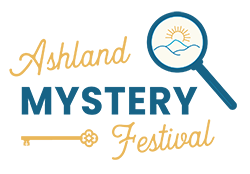Logo for the Ashland Chamber of Commerce featuring a mountain and sunrise inside a magnifying glass.