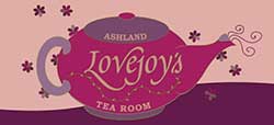 Logo for Lovejoy’s Tea Room in Ashland with text inside a pink teapot illustration.
