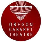Oregon Cabaret Theatre logo, a dark red circle with a white stylized chandelier at the top.